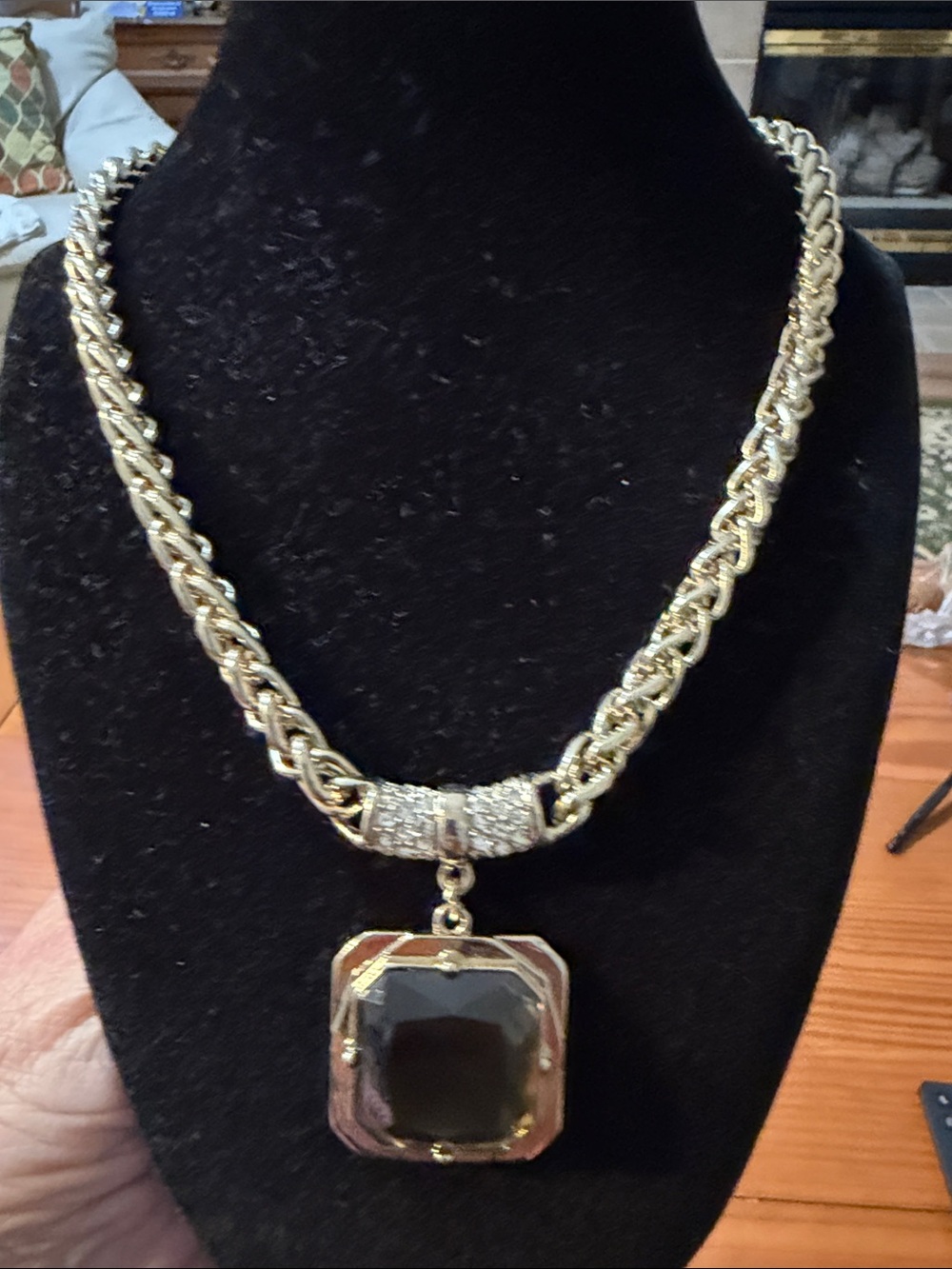 Ann Taylor Statement Necklace, Goldtone with Acrylic Smoky Pendant